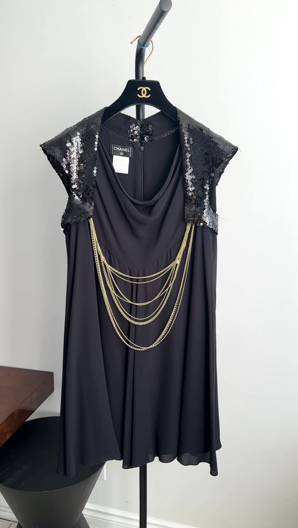 Chanel 07P Black Sequin Flare Dress with Gold Chains - FR40 / M