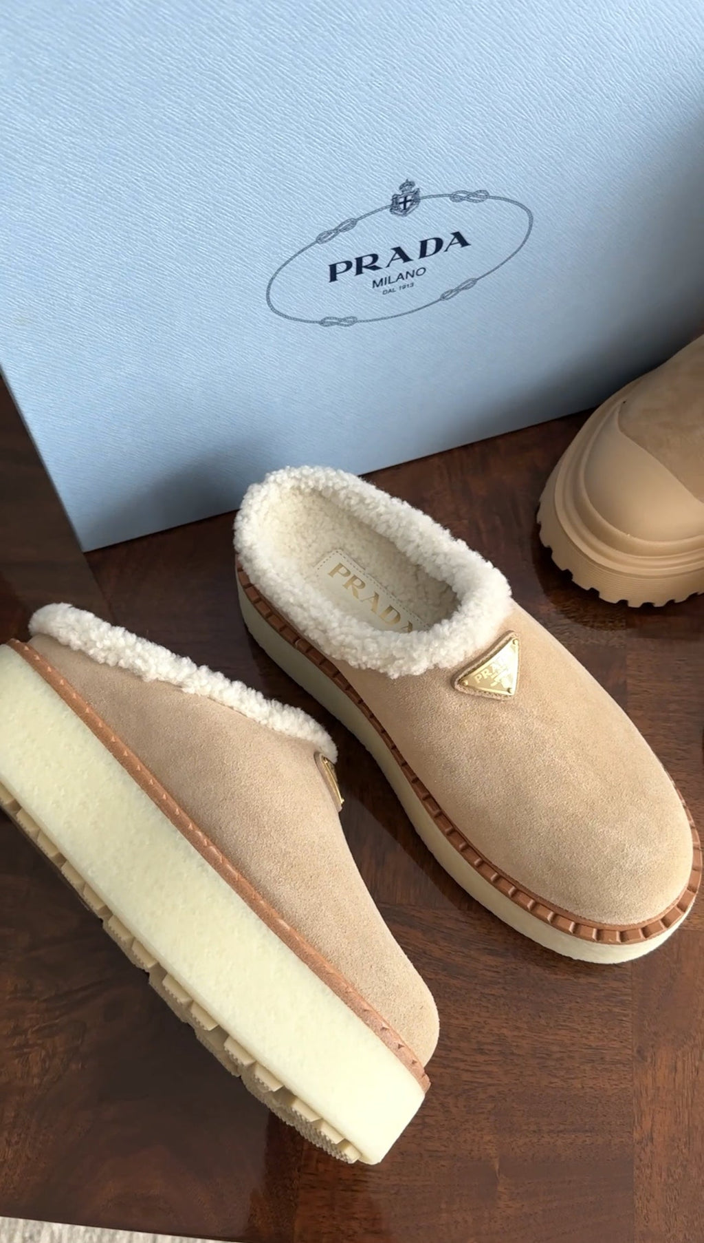 Prada Beige Suede Shearling Platform Mules - 37 / 7