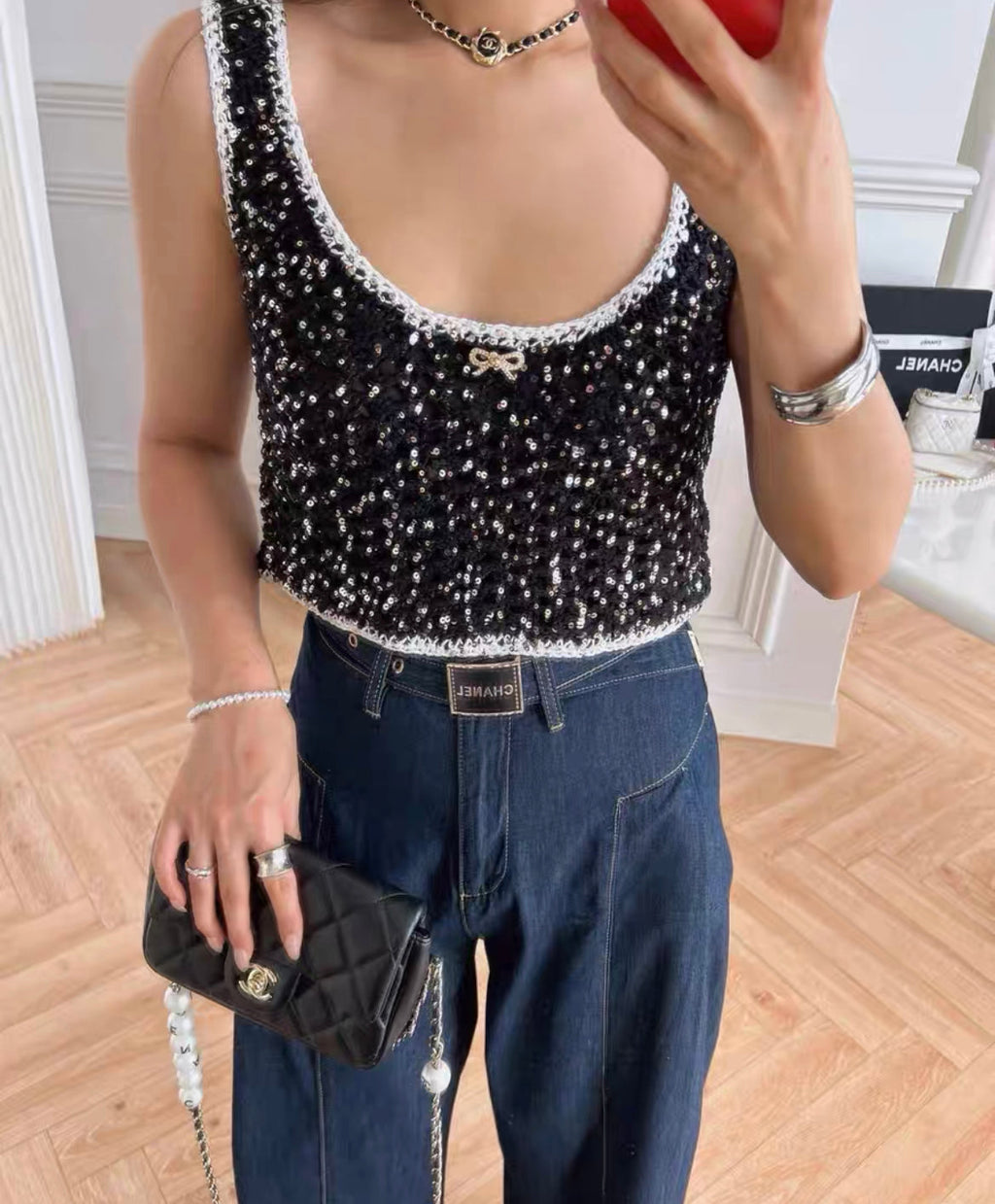 Chanel 23s black sequined bow top size 38
