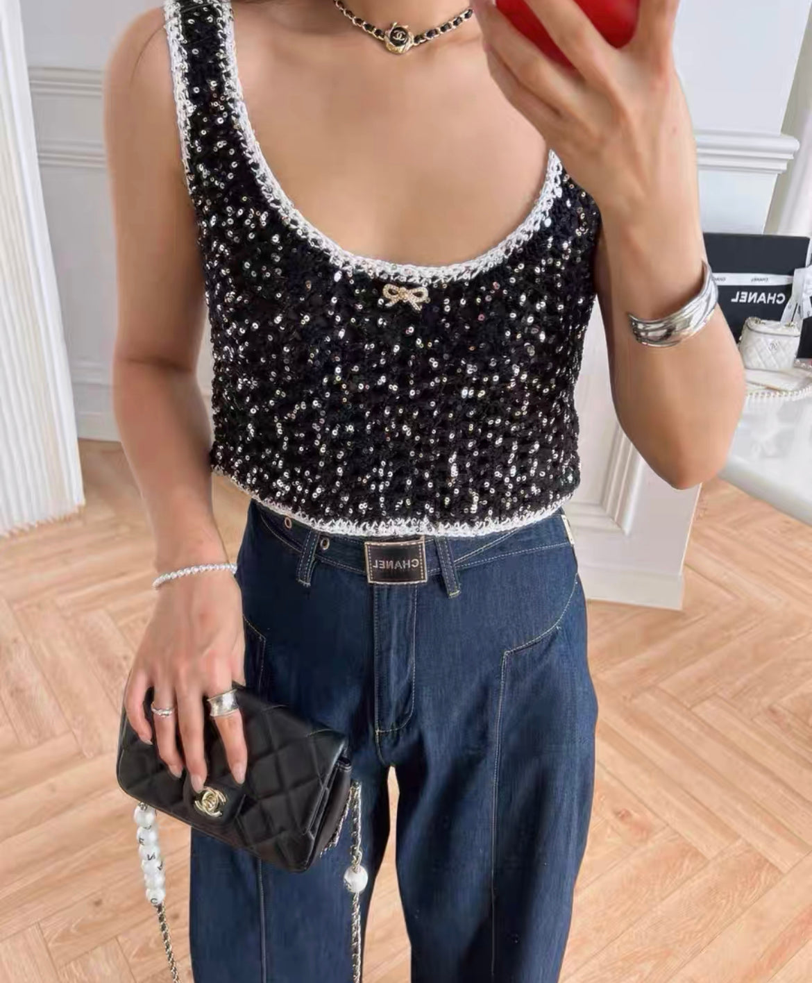 Chanel 23s black sequined bow top size 38