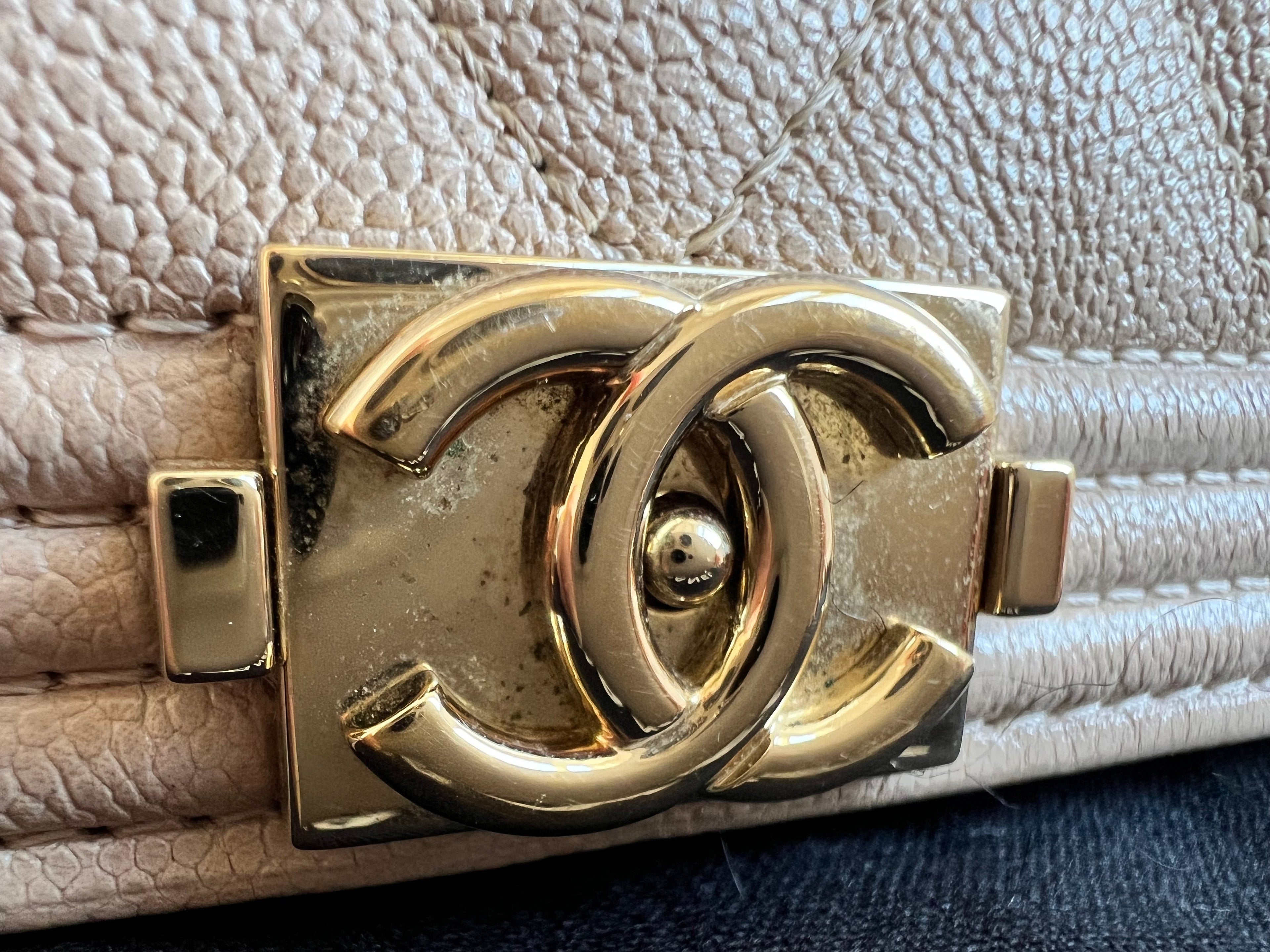 Chanel Ivory Cream Quilted Caviar Boy Wallet on Chain