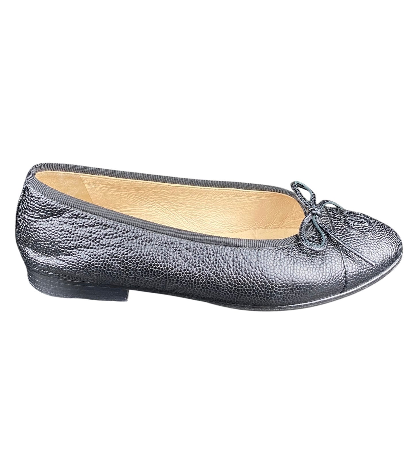Chanel Black Leather Interlocking CC Bow Logo Flats - 35