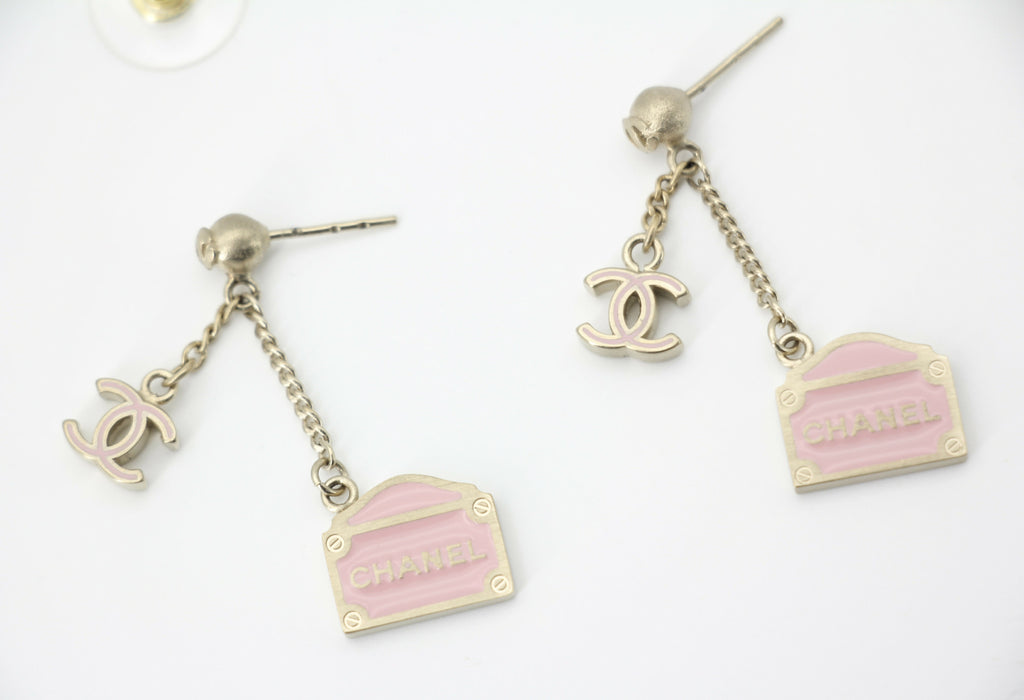 Chanel Vintage 01 Enamel Pink Purse Rue Cambon CC Dangle Stud Earrings