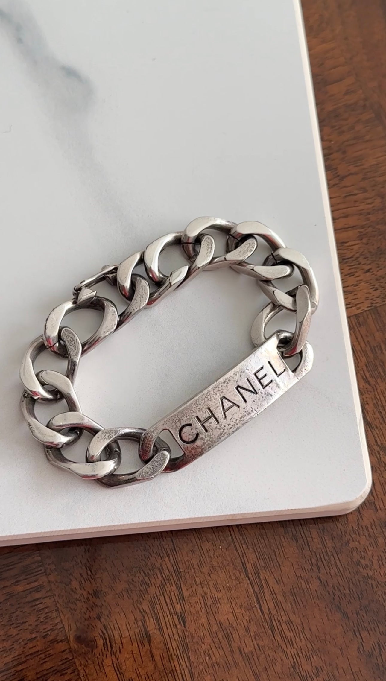 Chanel Vintage 96P Antiqued Silver Logo ID Bracelet