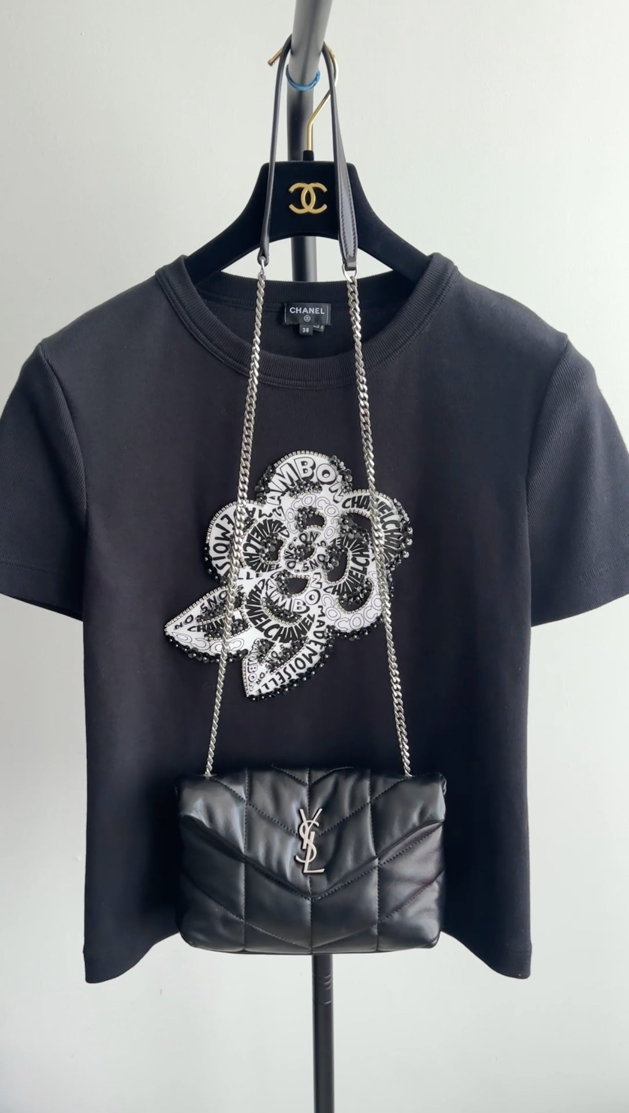 Chanel Black Cotton Camelia Logo Crystal Embellished T Shirt - 38 (S/M)