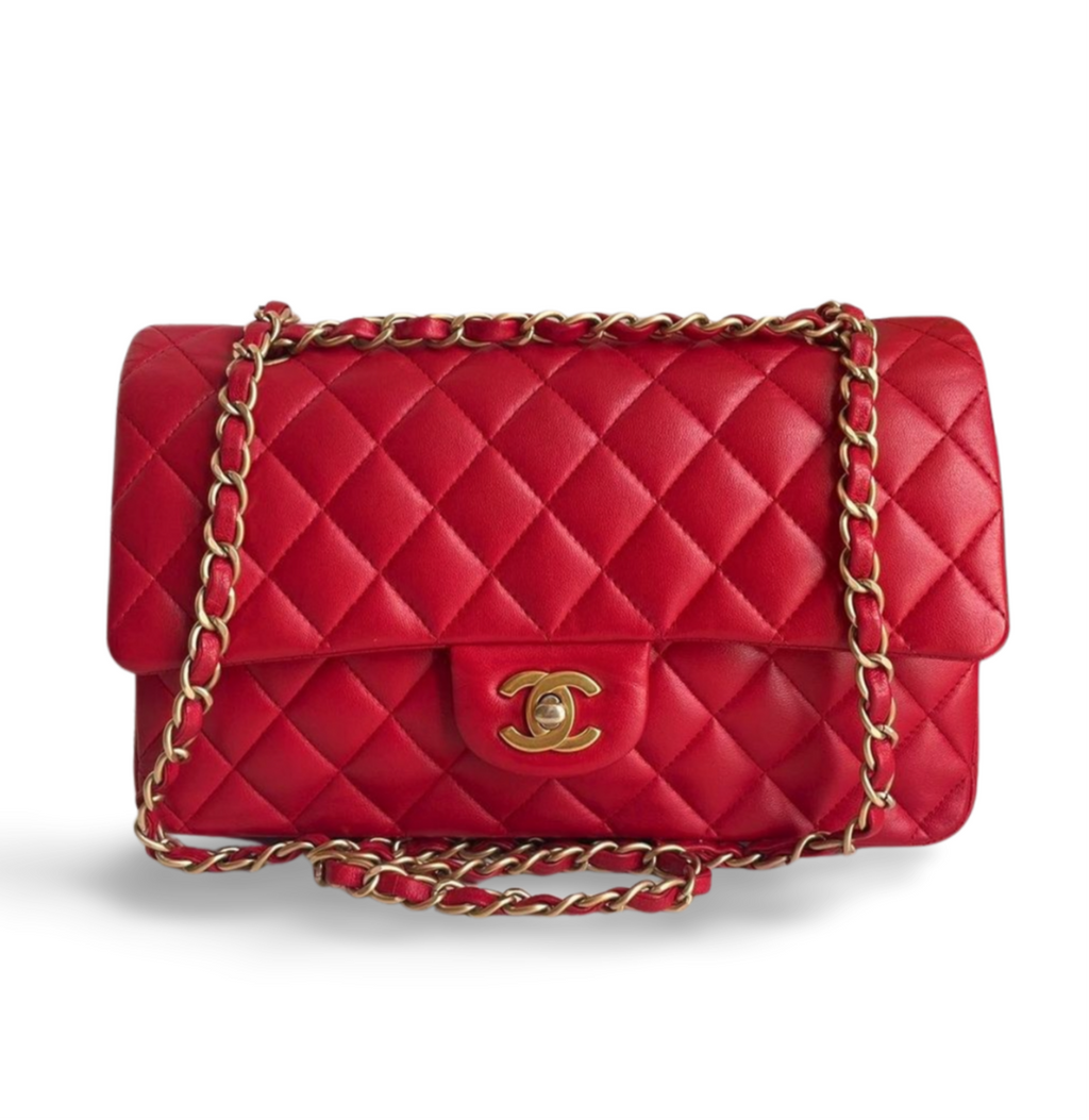 Chanel Red Classic Double Flap Bag in Medium Size Lambskin Leather With Gold Hardware