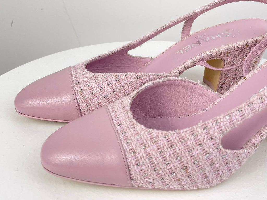 Chanel Pink Tweed M Slingback Pumps with CC Logo 39