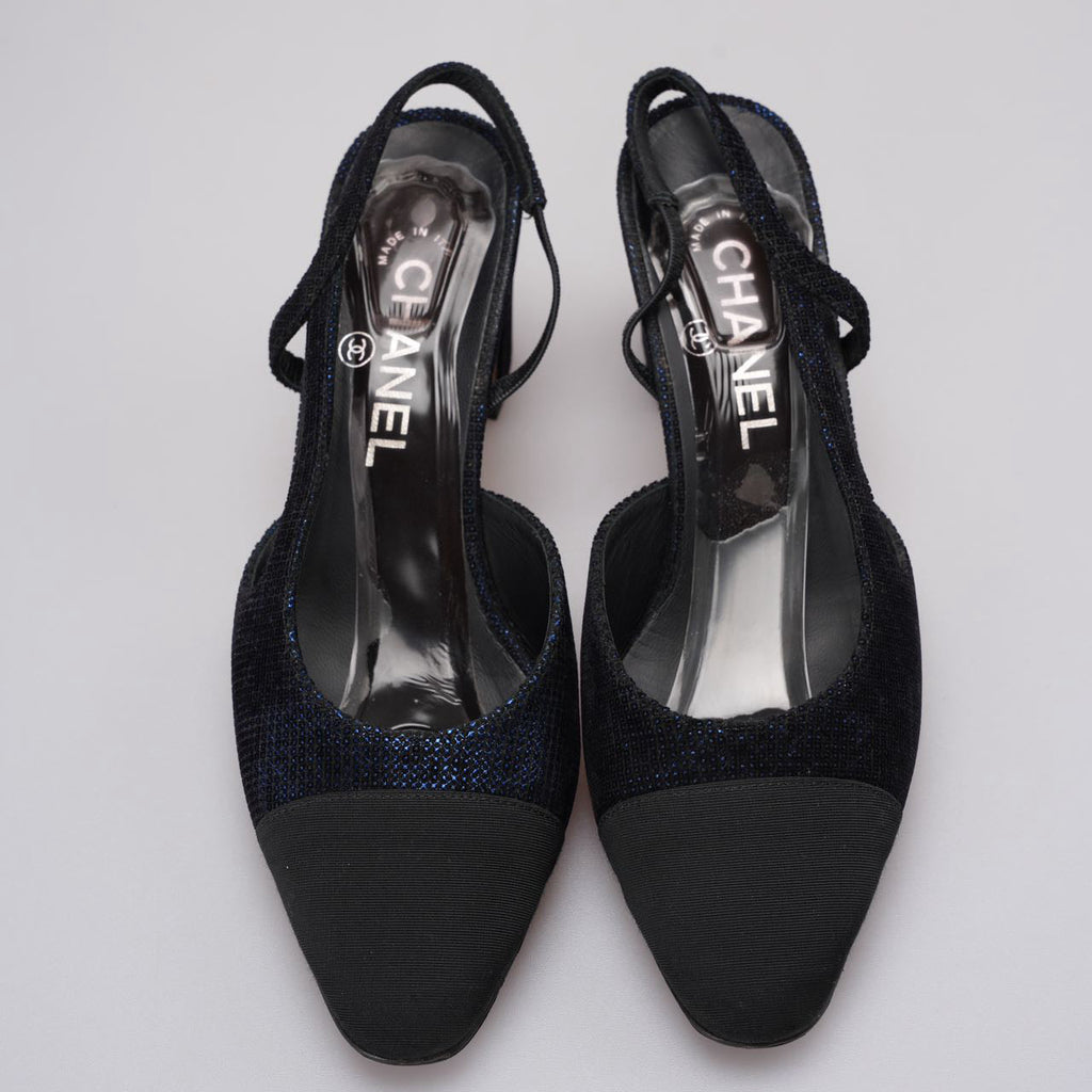 Chanel CC Logo Black / Blue Leather Slingback Pumps Size 38.5