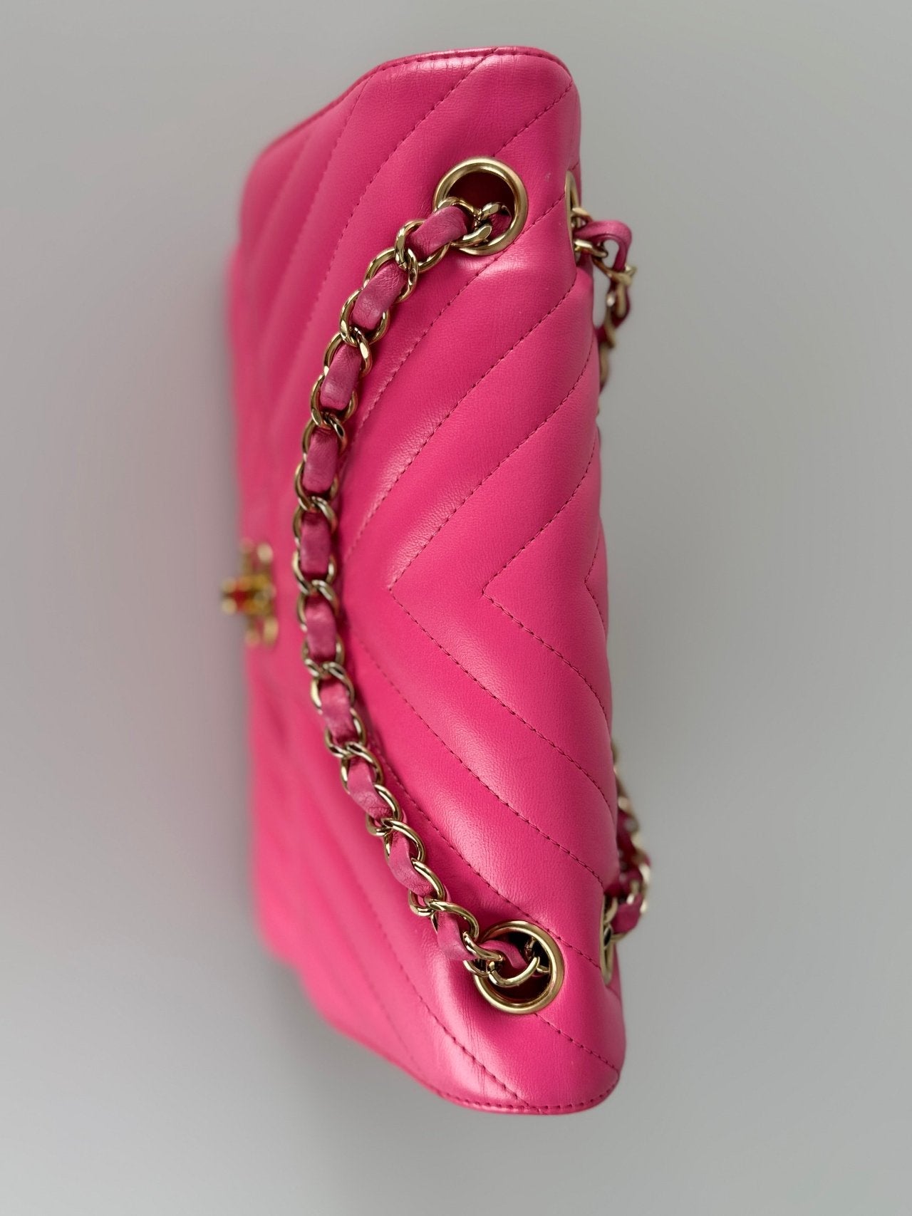 Chanel Small Pink Classic Double Flap Bag in Chevron Lambskin Leather with Gold Hardware