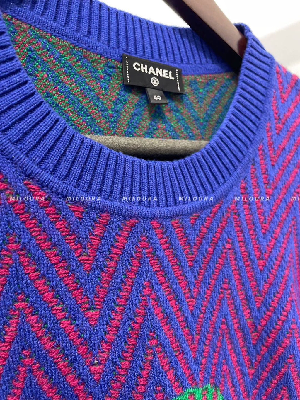 CHANEL 100% cashmere blue red chevron green CC logo crystal brooch dress FR40