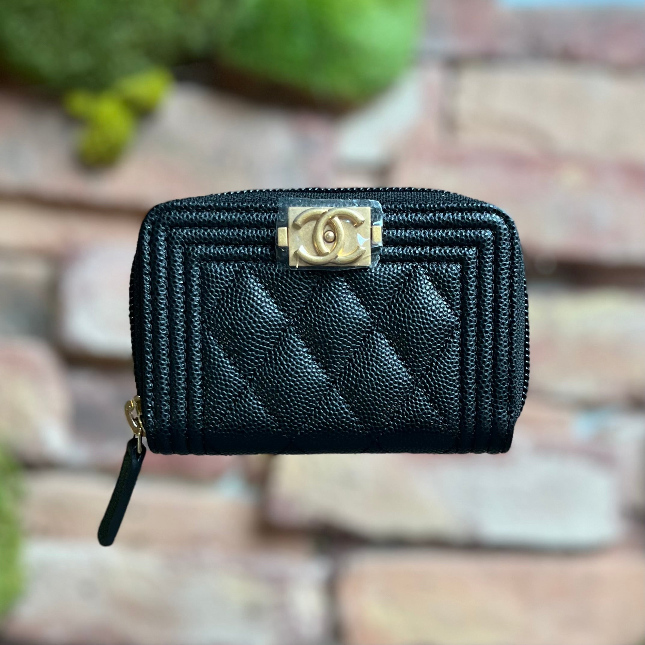 CHANEL Boy Zip Around Coin Purse Black Quilted Caviar Wallet