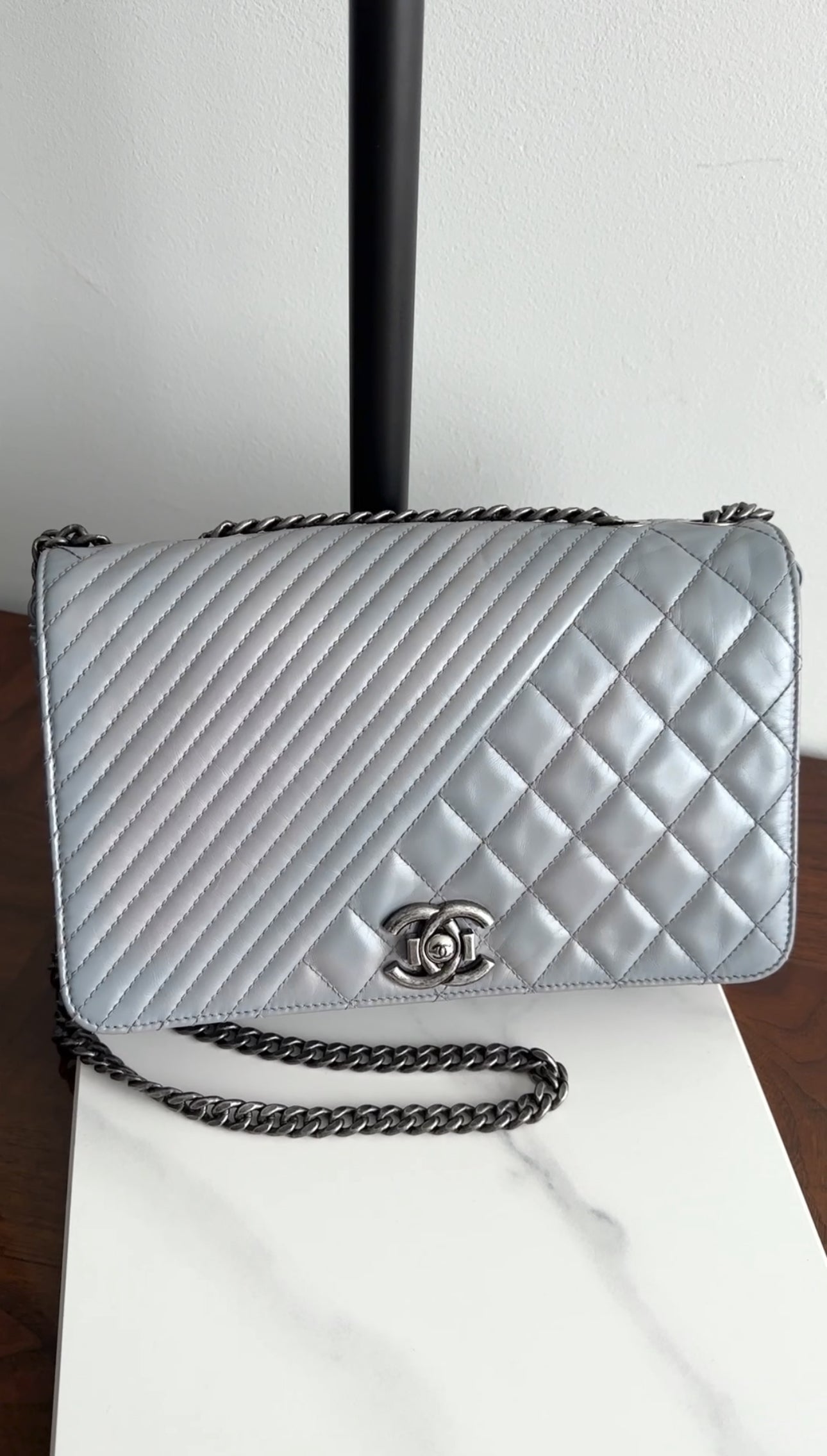 Chanel Grey Leather Coco Boy Medium Flap Bag