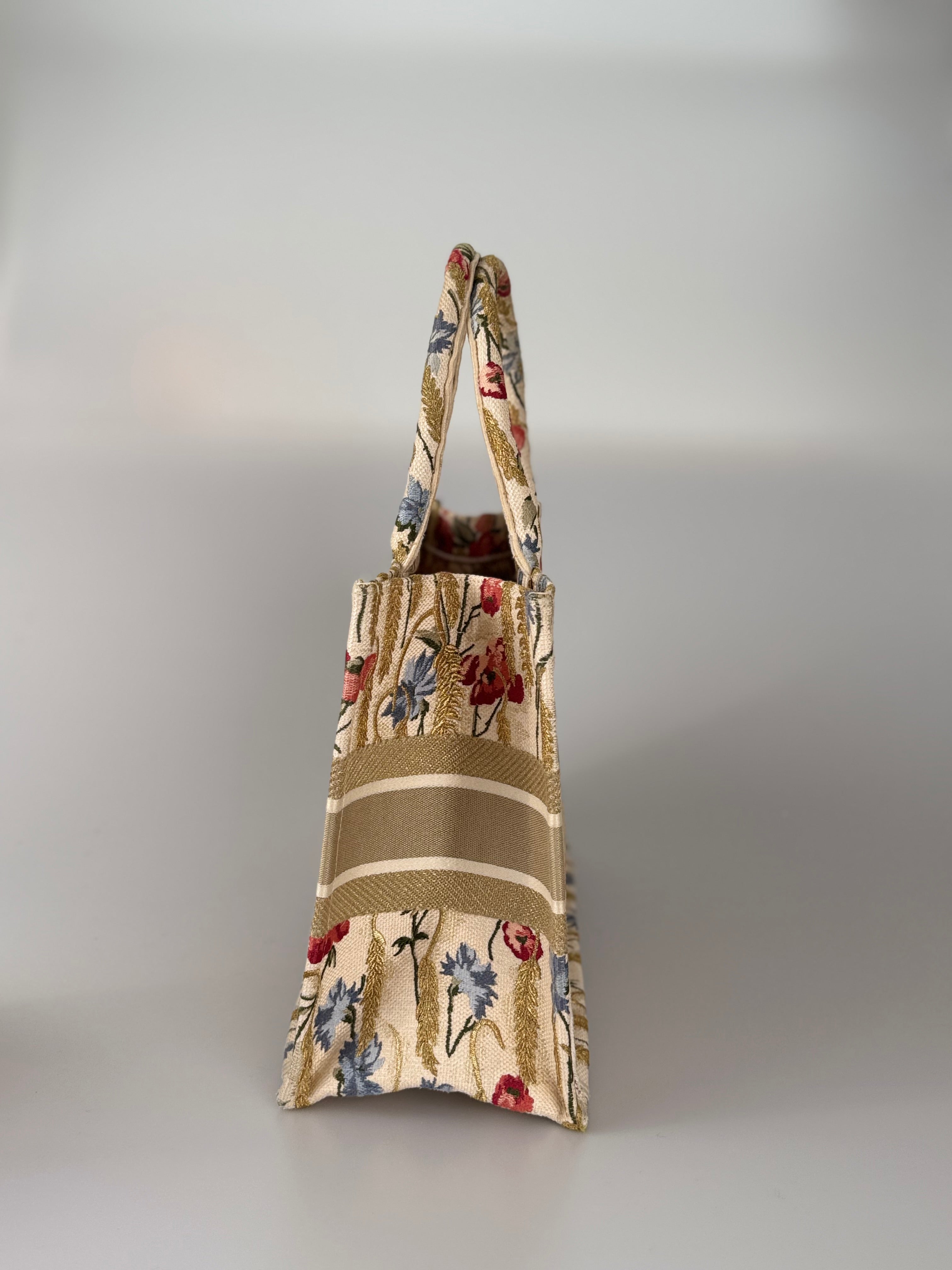 Christian Dior Beige Floral Embroidered Canvas Book Tote Medium