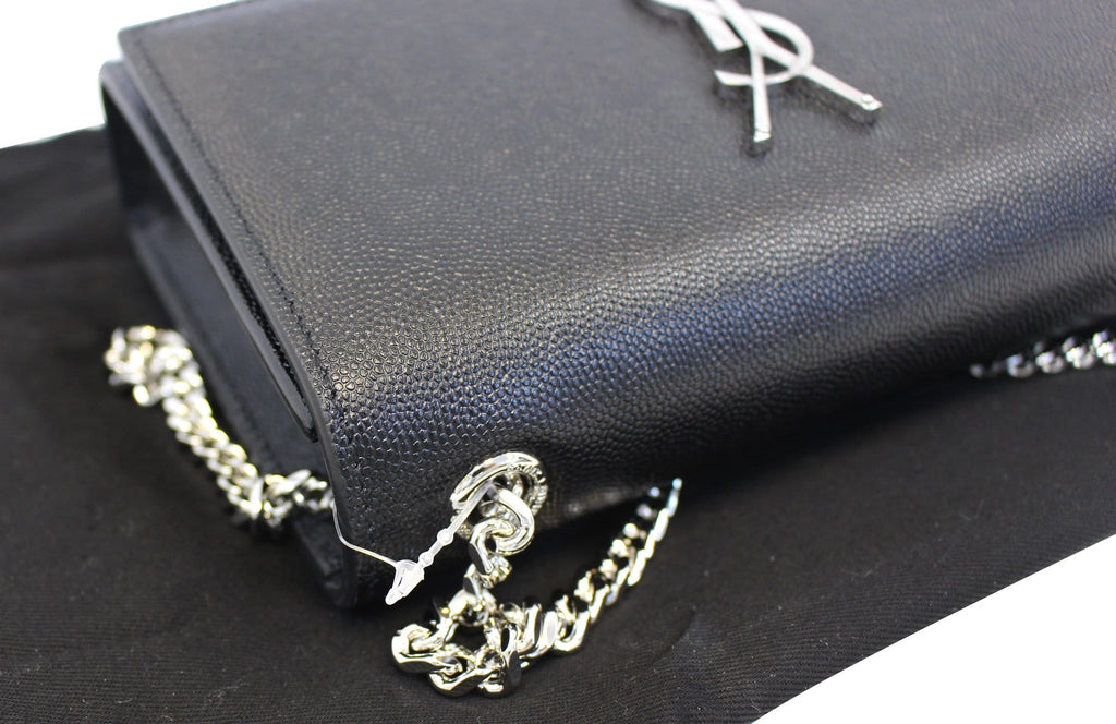 YVES SAINT LAURENT Kate Black Leather Silver Chain Clutch Crossbody Bag