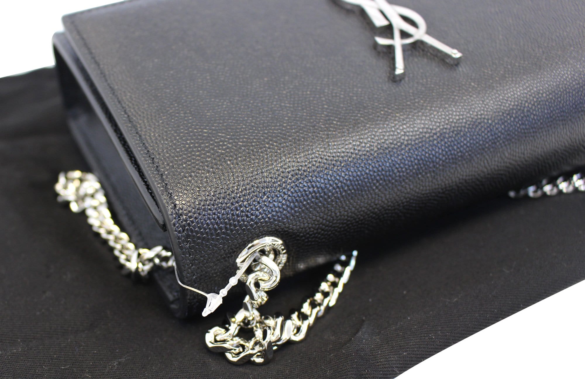 YVES SAINT LAURENT Kate Black Leather Silver Chain Clutch Crossbody Bag