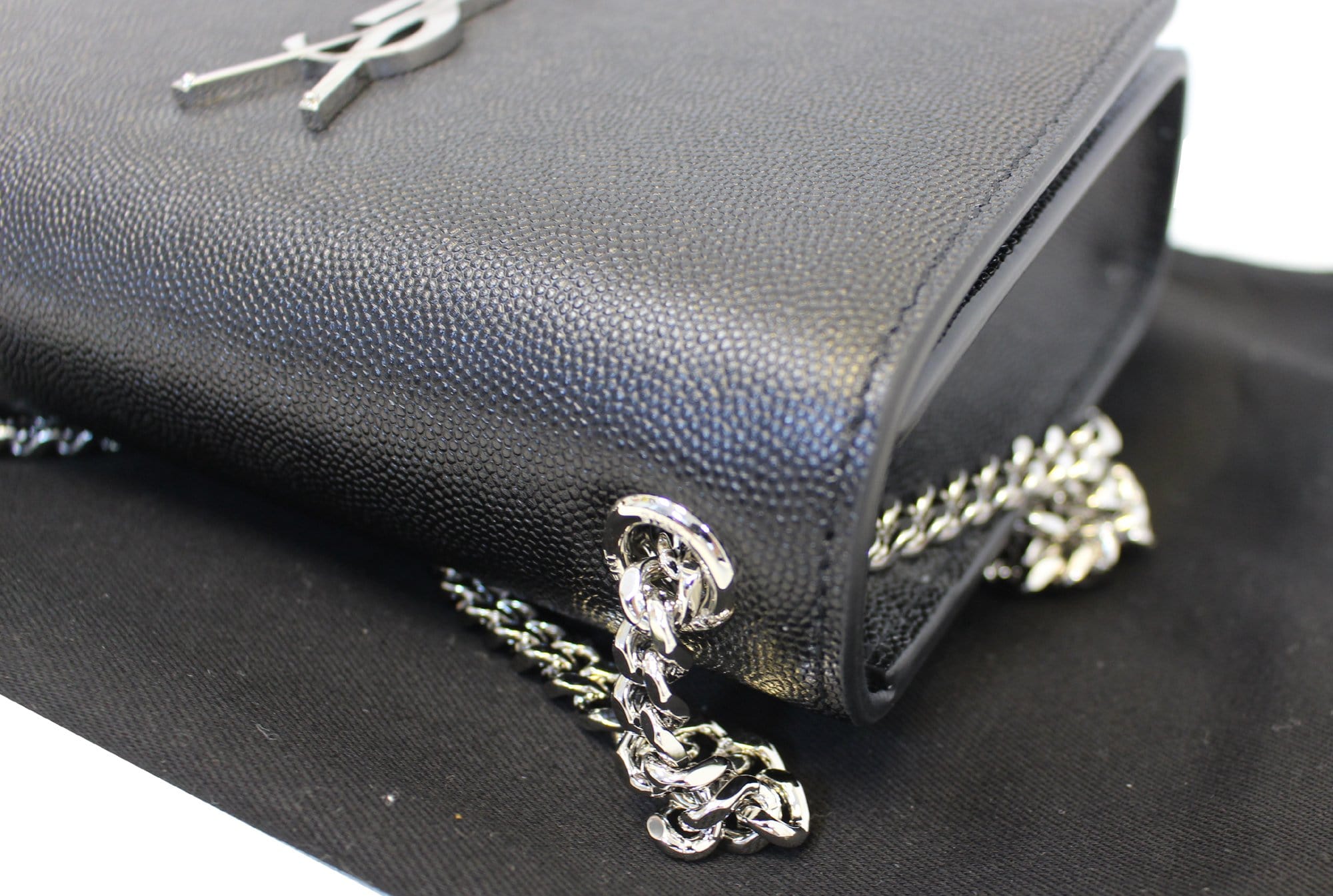 YVES SAINT LAURENT Kate Black Leather Silver Chain Clutch Crossbody Bag