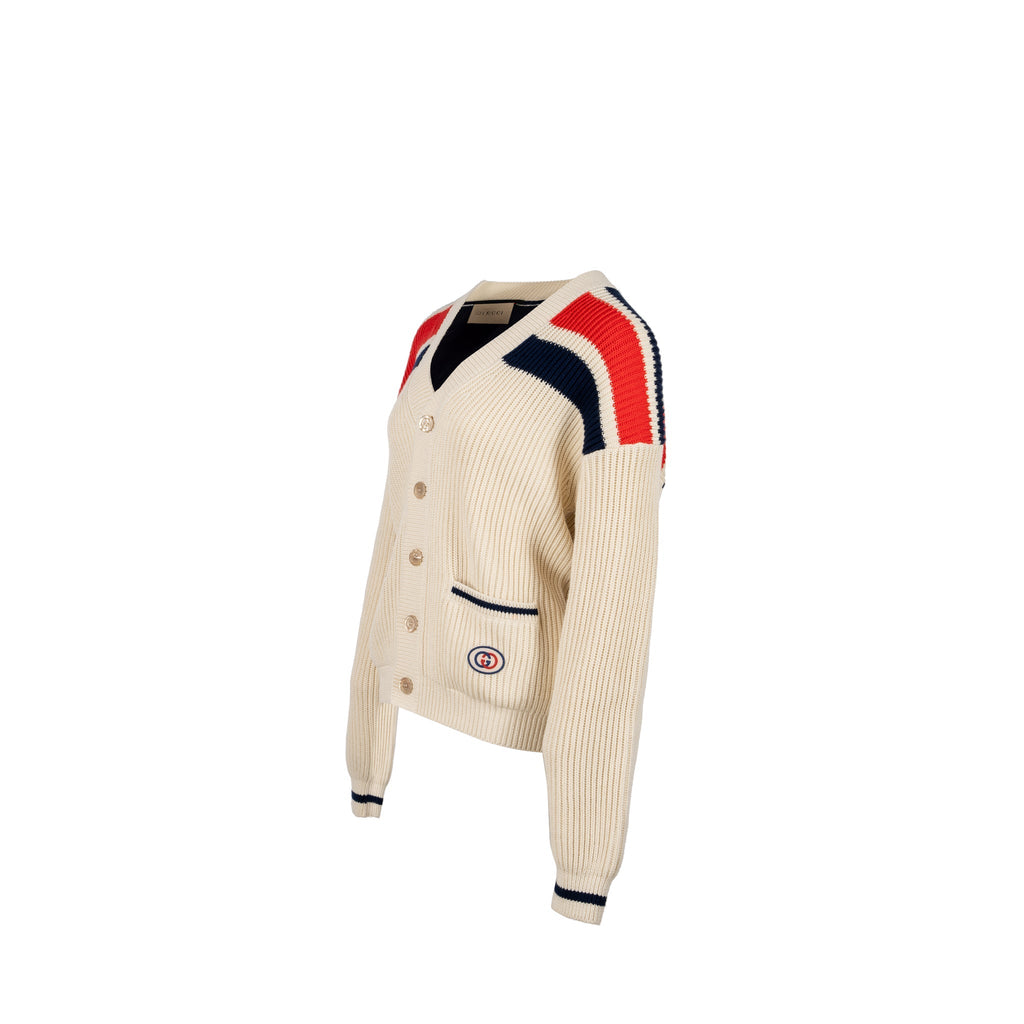 Gucci Size XS Interlocking G Stripe-detail Knitted igan Cotton White/Multicolour