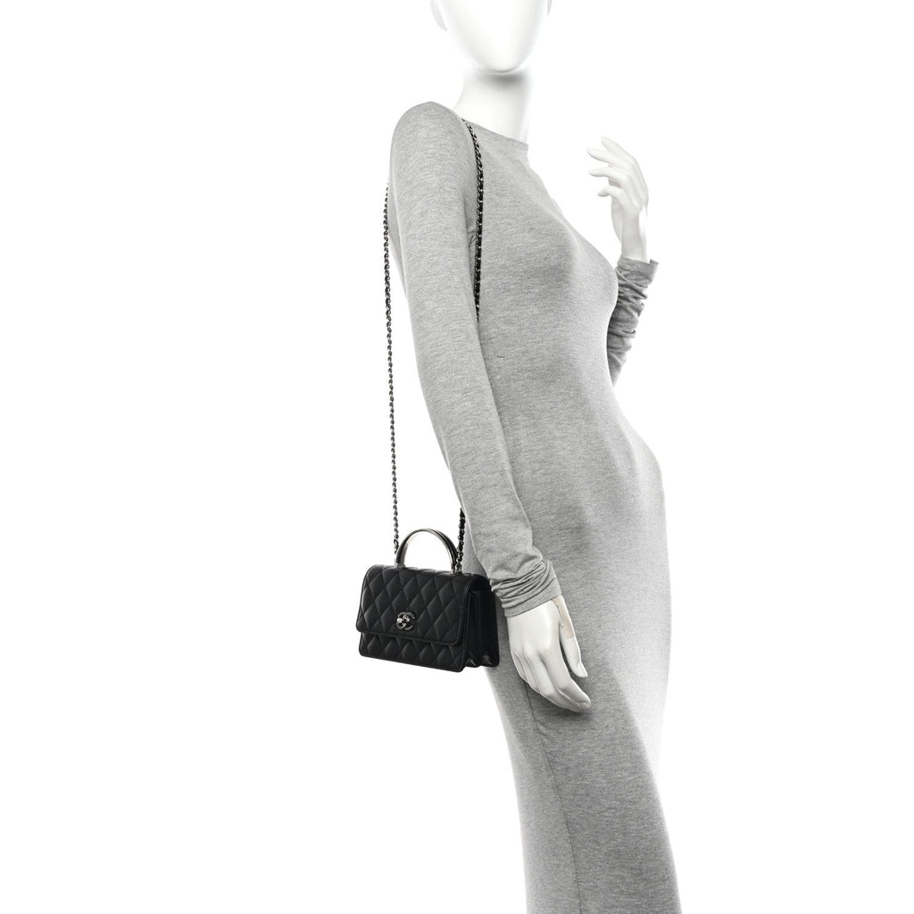 Lambskin Quilted Metal Top Handle Crossbody Flap Black