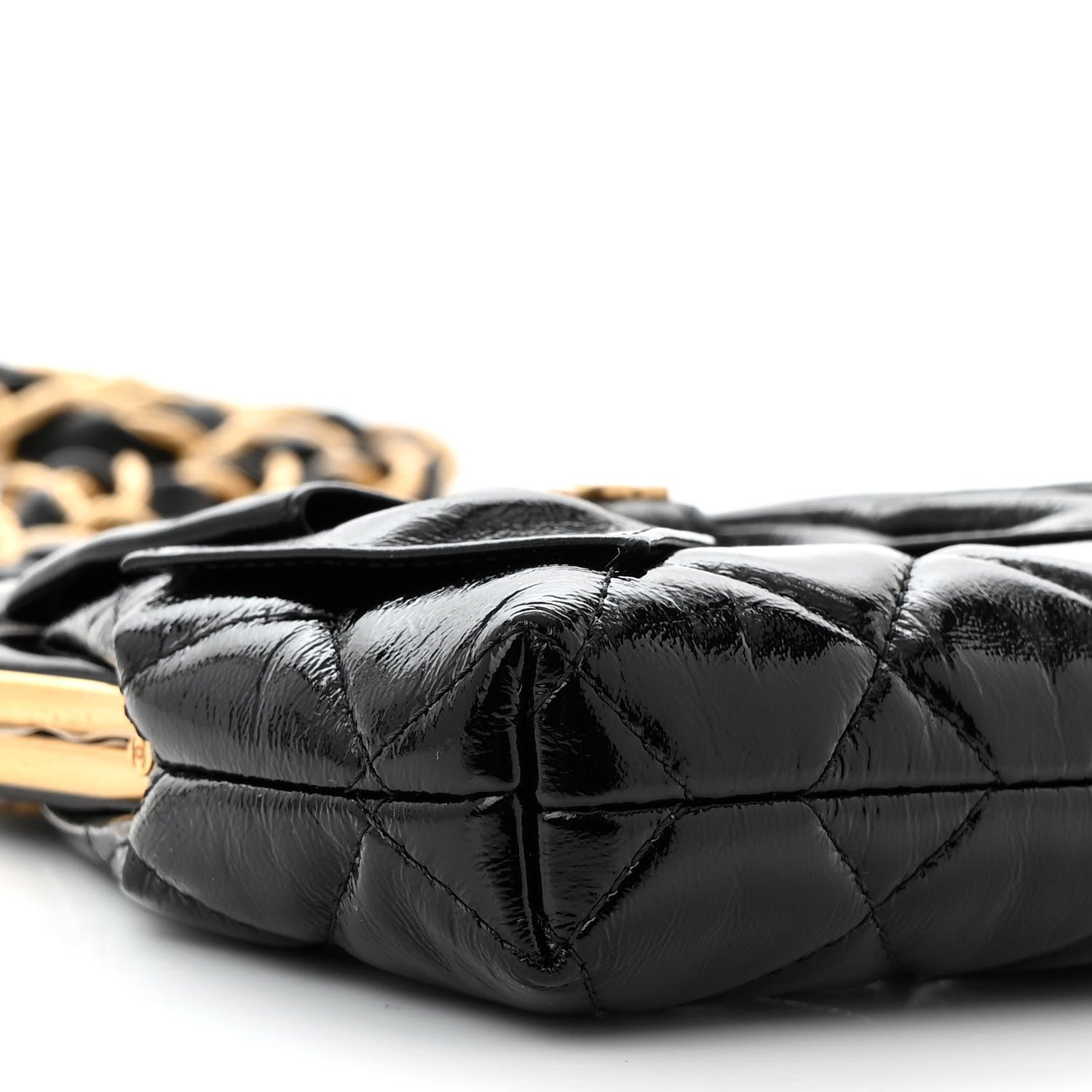 Patent Crumpled Lambskin Quilted Maxi Bow Clutch With Chain Black