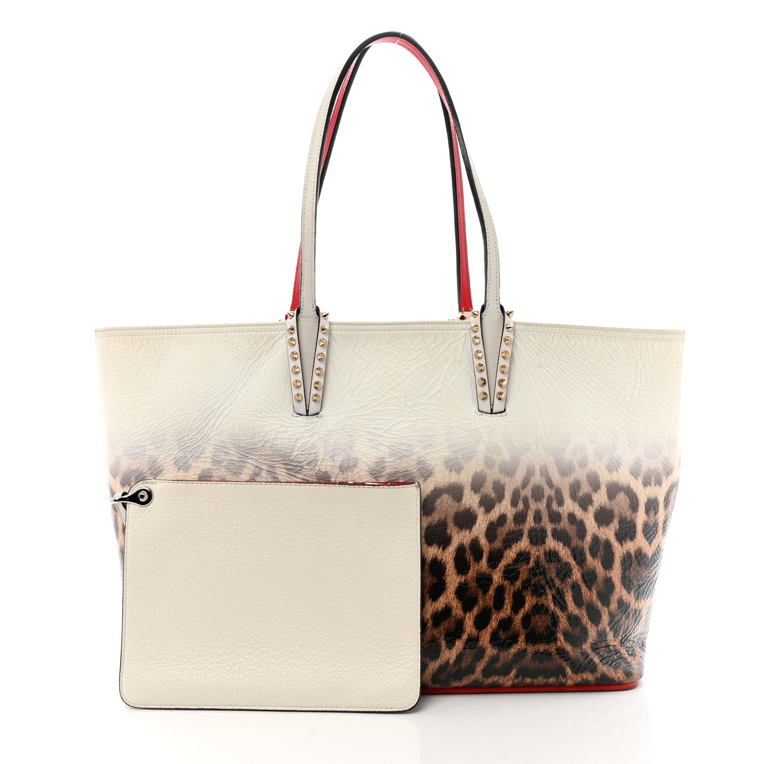Calfskin Degrade Leopard Print Spikes East West Cabata Tote White Multi