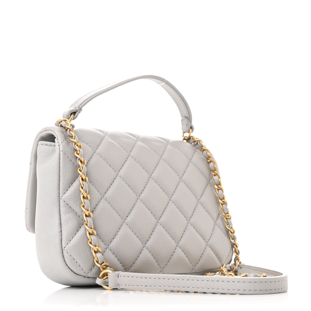 Calfskin Quilted Top Handle Flap Light Grey