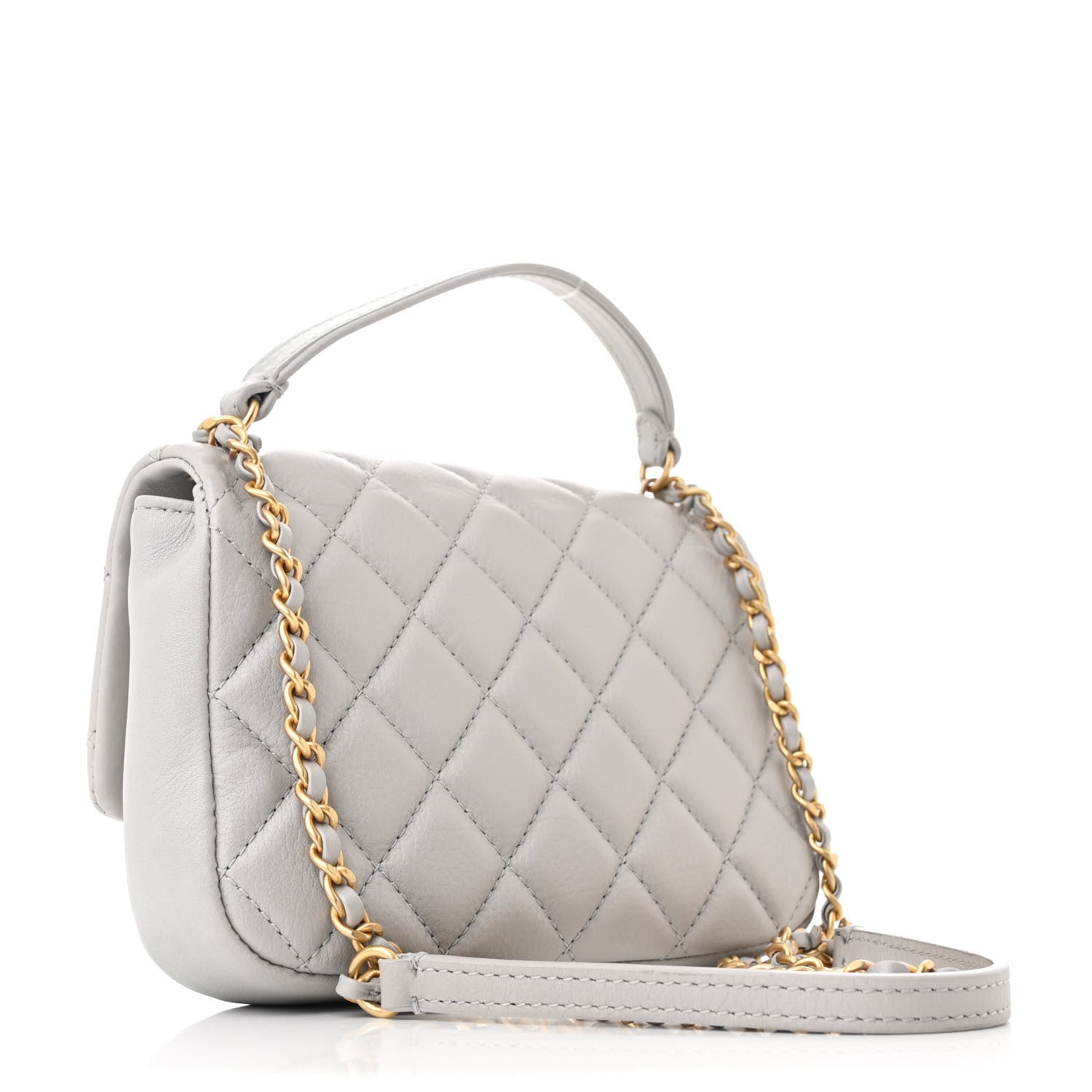 Calfskin Quilted Top Handle Flap Light Grey