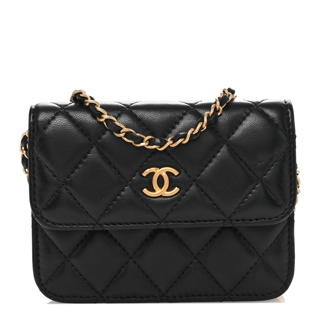 Lambskin Quilted Pearl Crush Clutch With Chain Black