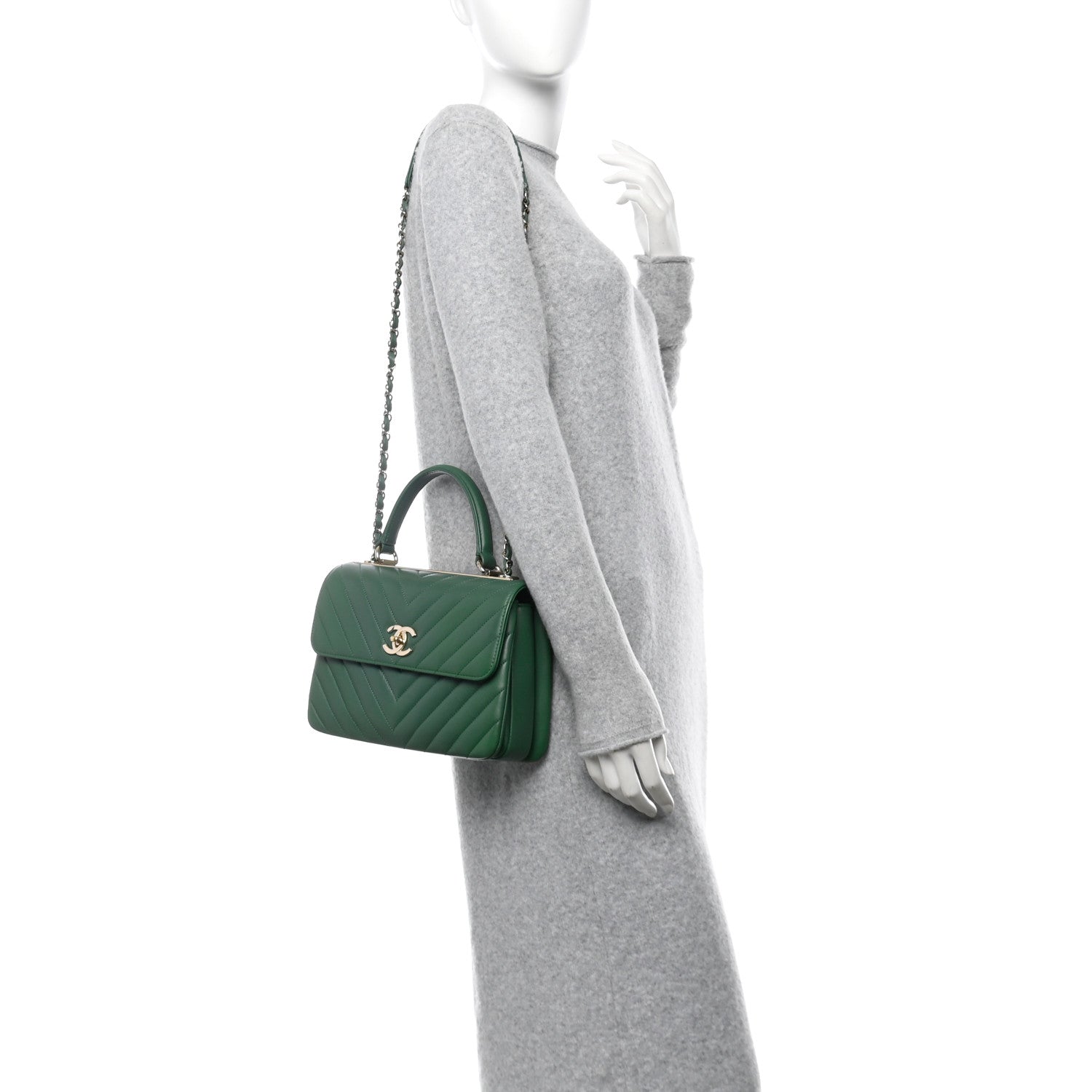 Lambskin Chevron Quilted Small Trendy CC Dual Handle Flap Bag Green