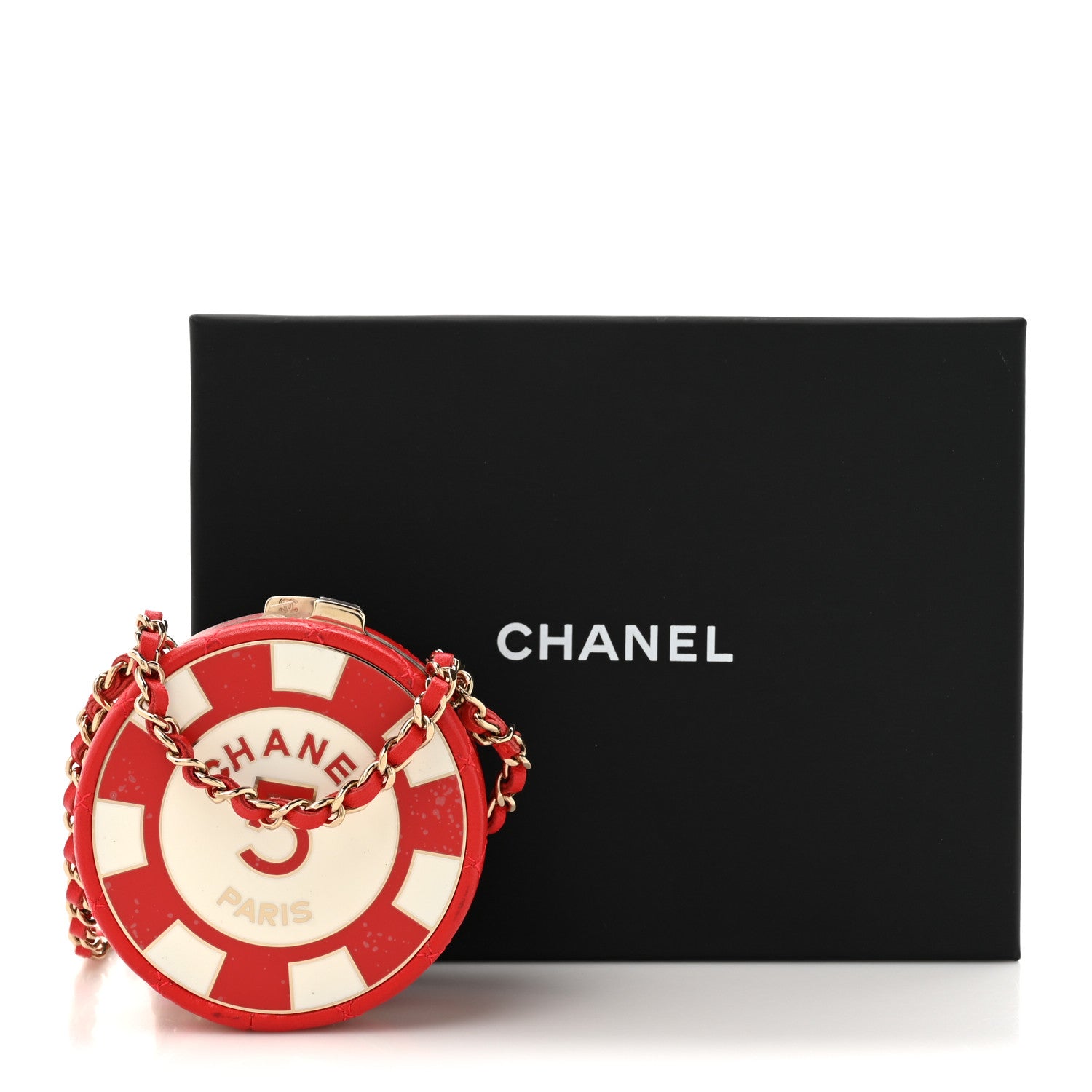 Lambskin Enamel Quilted Round Poker Chip Clutch With Chain Red White