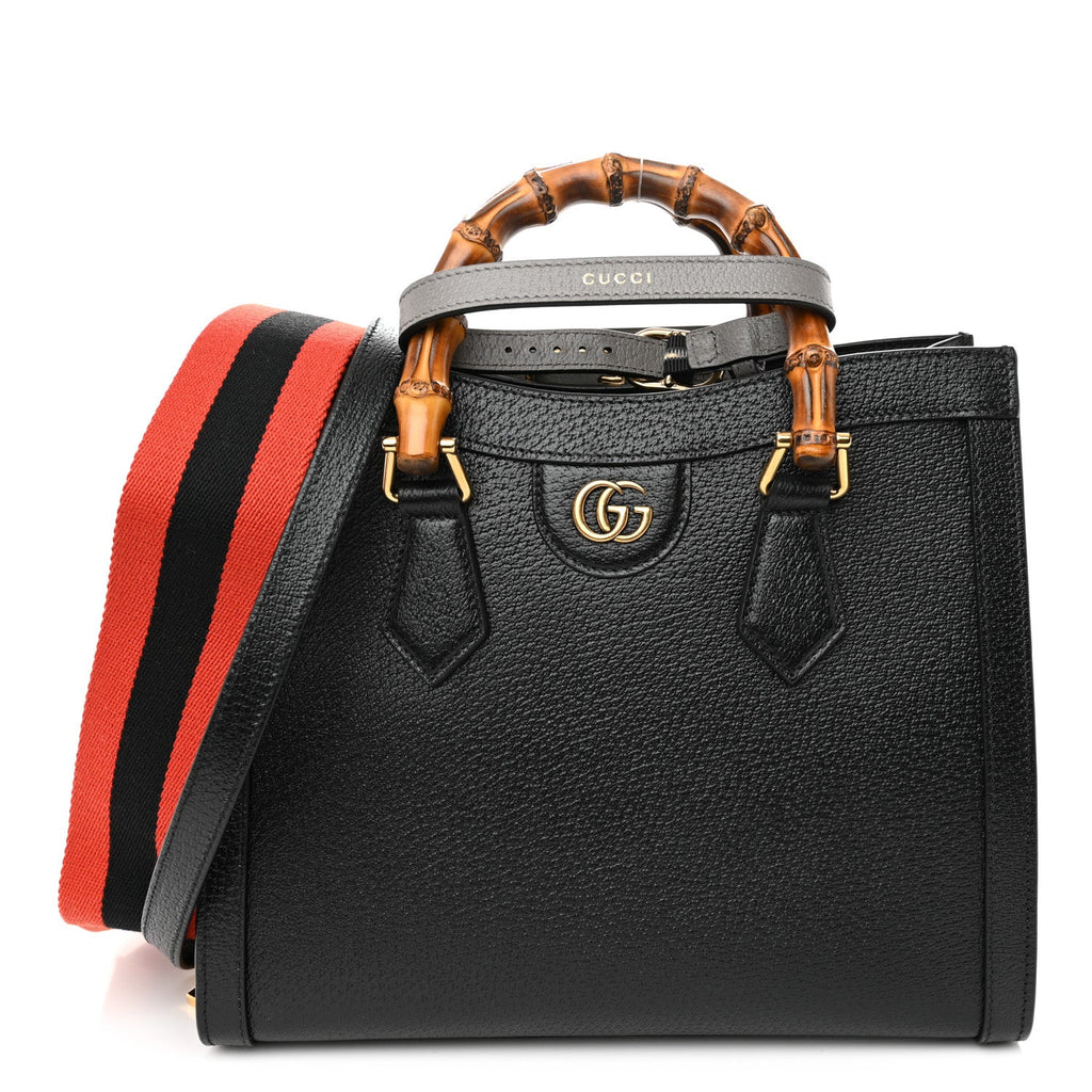 Textured Dollar Calfskin Web Small Diana Tote Bag Black Dusty Grey