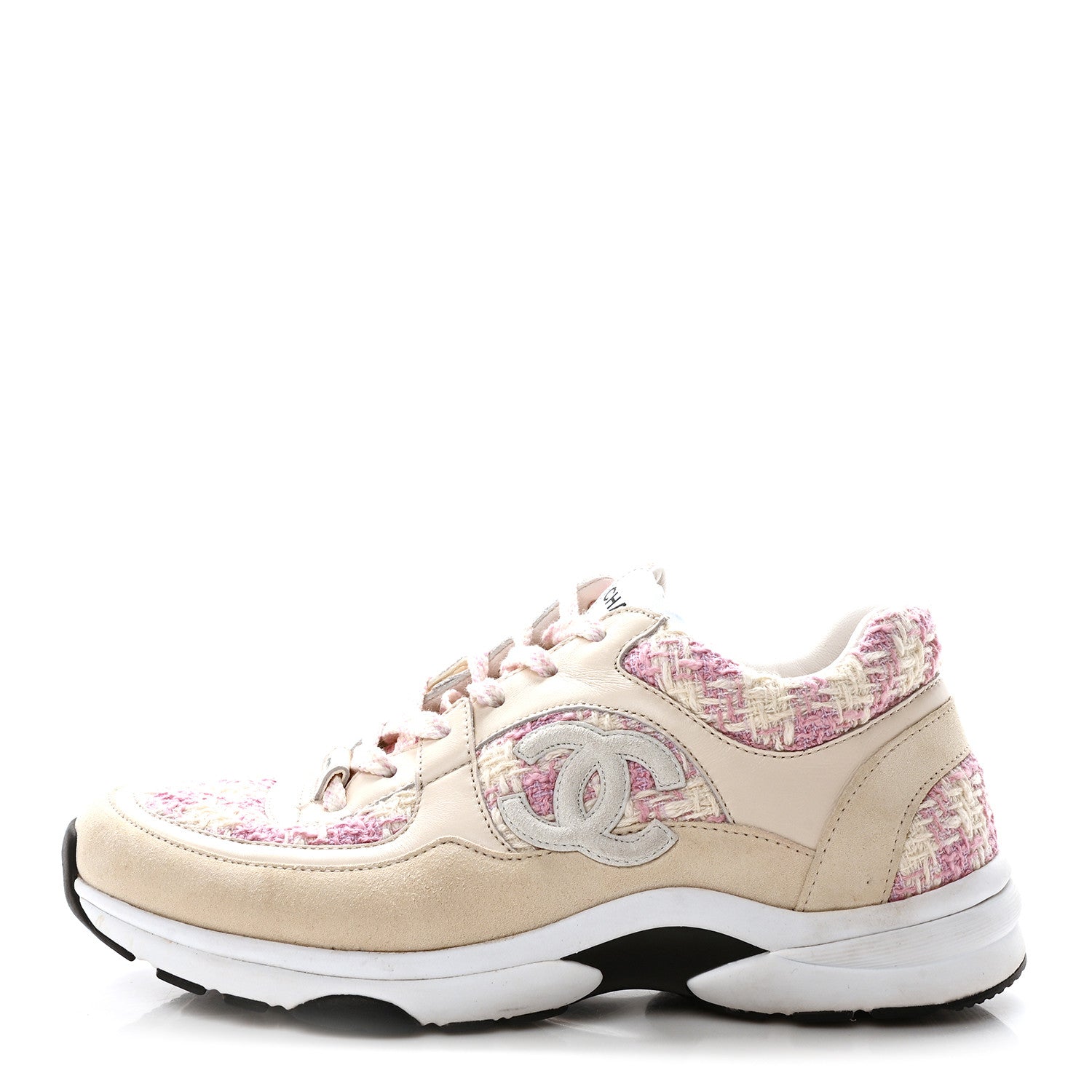Tweed Suede Calfskin Womens CC Sneakers 39 Pink Ecru
