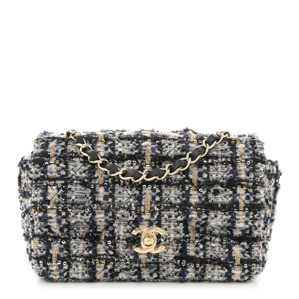 Glittered Tweed Quilted Mini Rectangular Flap Navy Blue