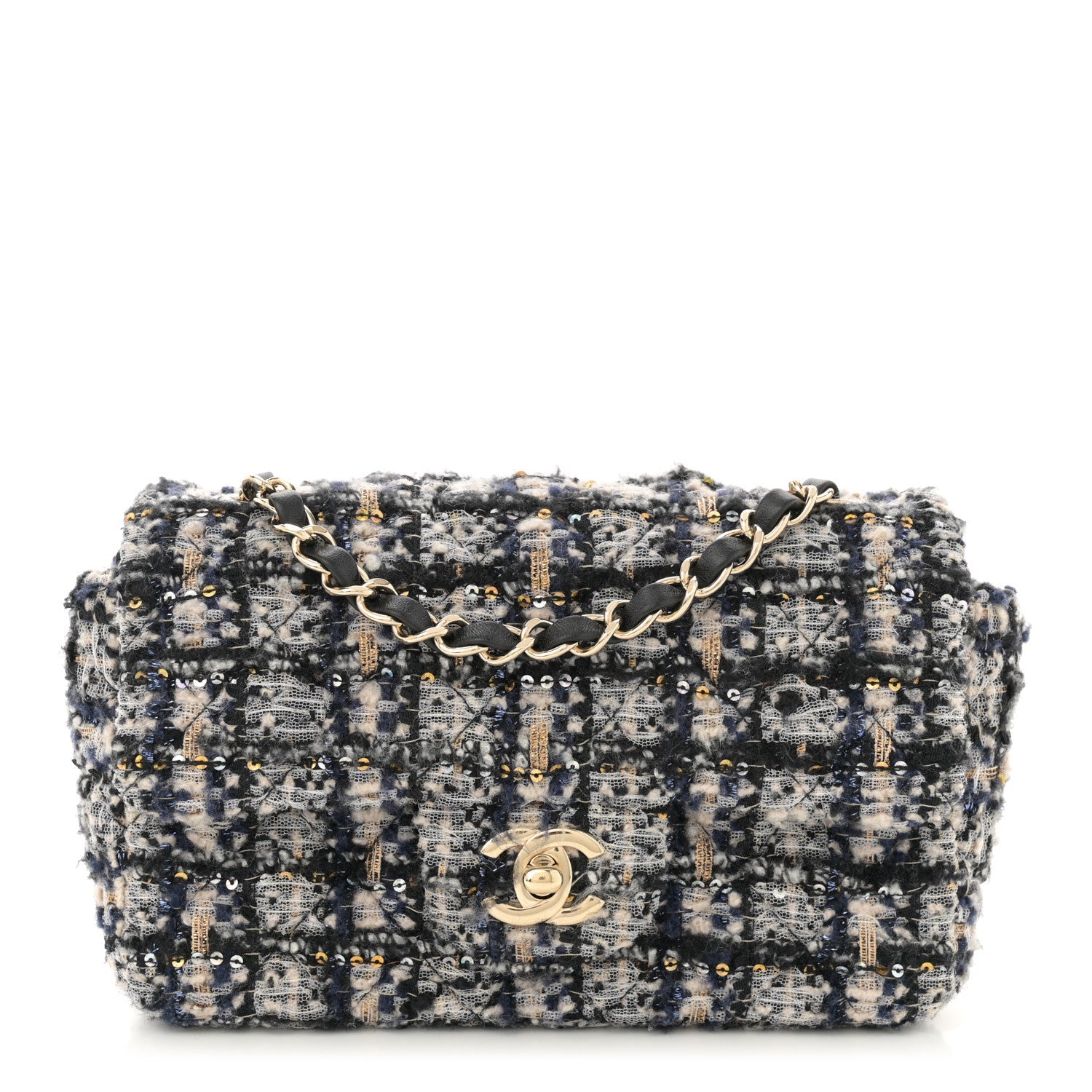 Glittered Tweed Quilted Mini Rectangular Flap Navy Blue