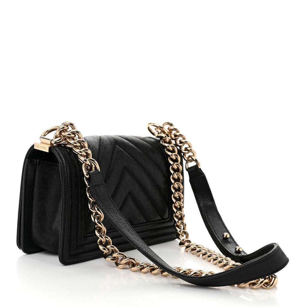 Caviar Chevron Quilted Small Boy Flap Black