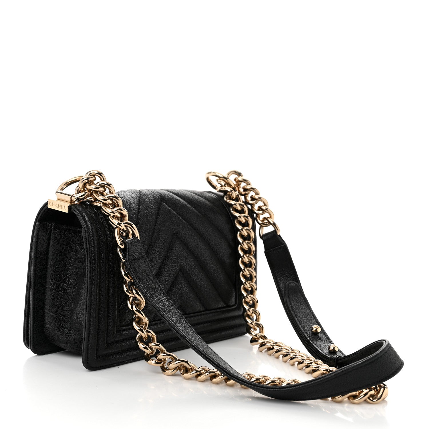 Caviar Chevron Quilted Small Boy Flap Black