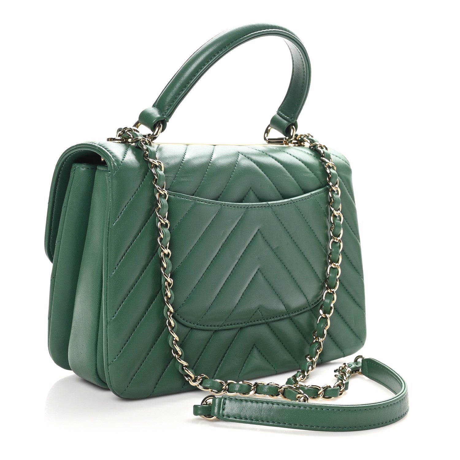 Lambskin Chevron Quilted Small Trendy CC Dual Handle Flap Bag Green