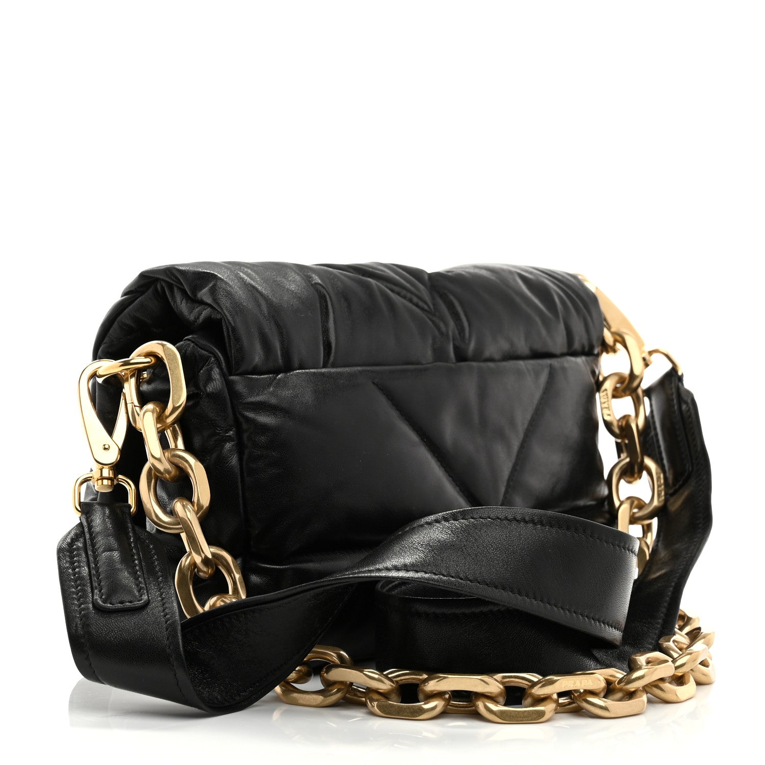 Nappa Soft Padded Logo Embossed Triangle Quilted Small Shoulder Bag Black