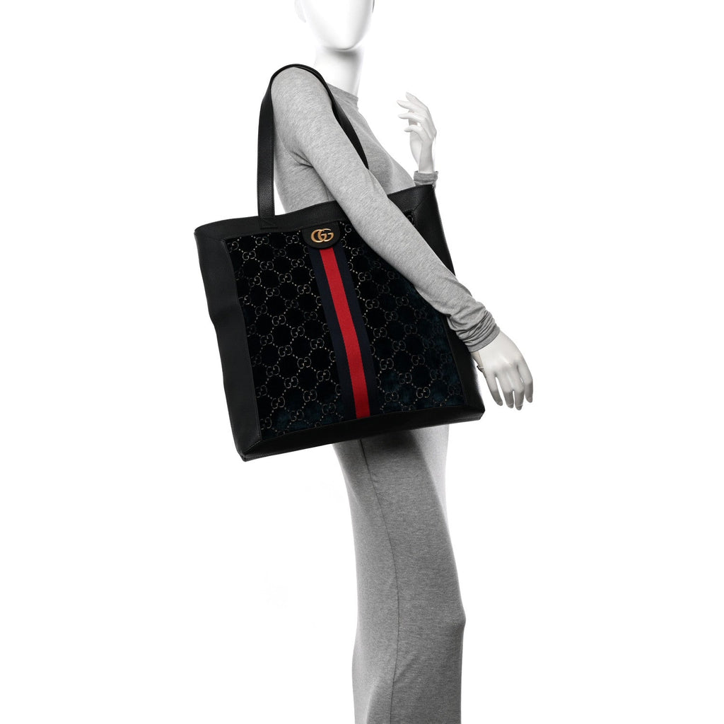 Velvet GG Monogram Textured Calfskin Web Large Ophidia Vertical Shopping Tote Blue Beige Black