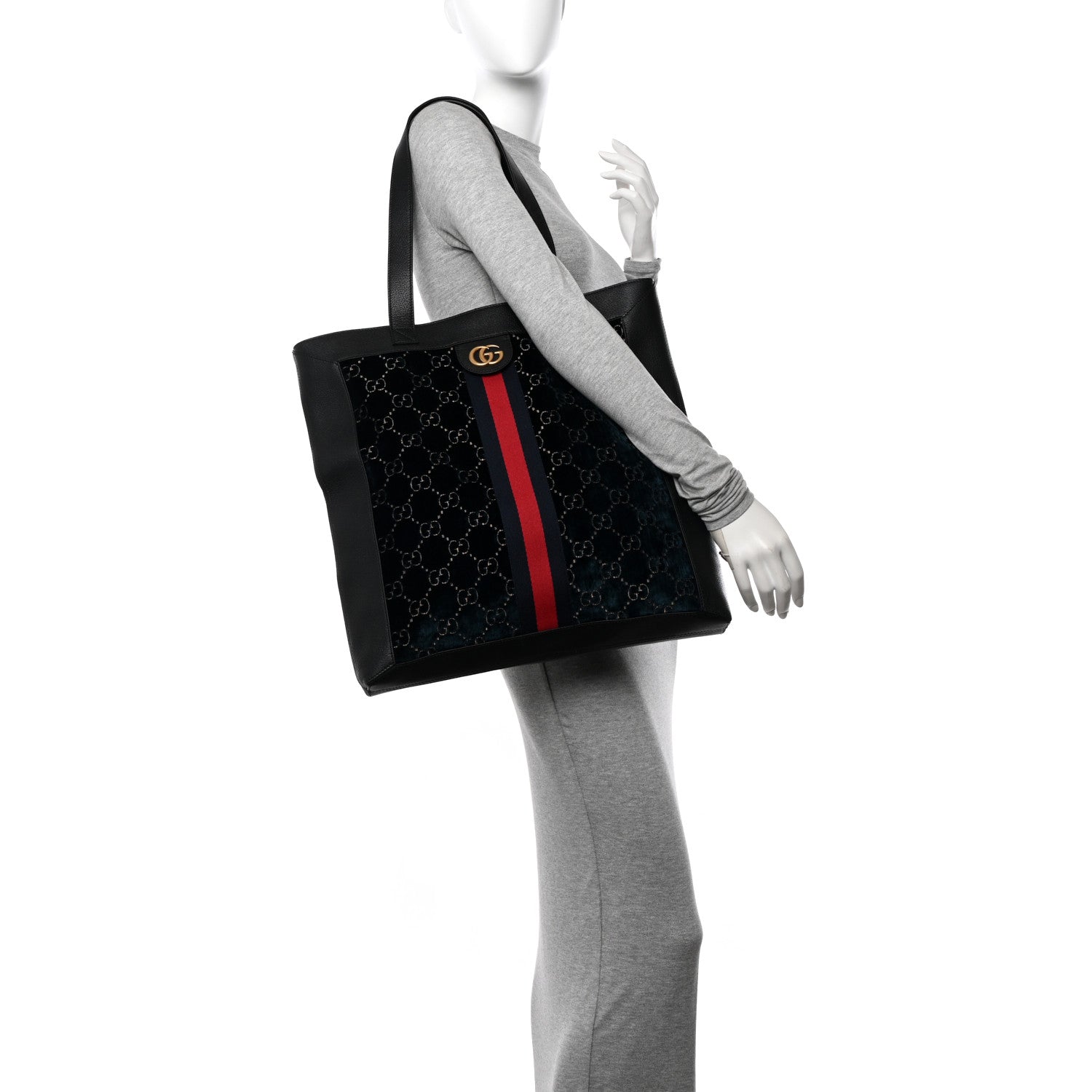 Velvet GG Monogram Textured Calfskin Web Large Ophidia Vertical Shopping Tote Blue Beige Black