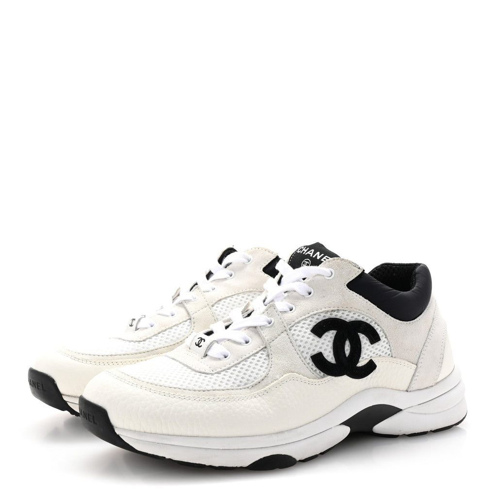 Mesh Suede Calfskin Grained Calfskin Womens CC Sneakers 40 White Black