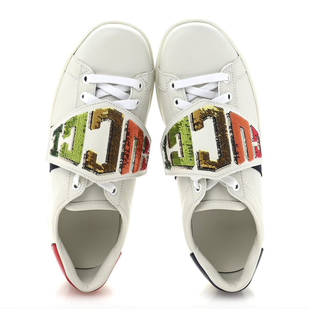 Calfskin Sequins Web Game Logo Womens Ace Sneakers 36 White