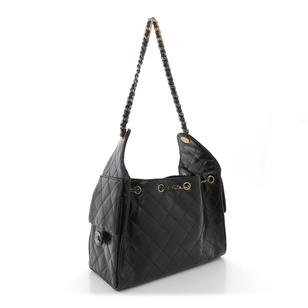 Shiny Crumpled Calfskin Quilted Small Chanel 25 Handbag Black
