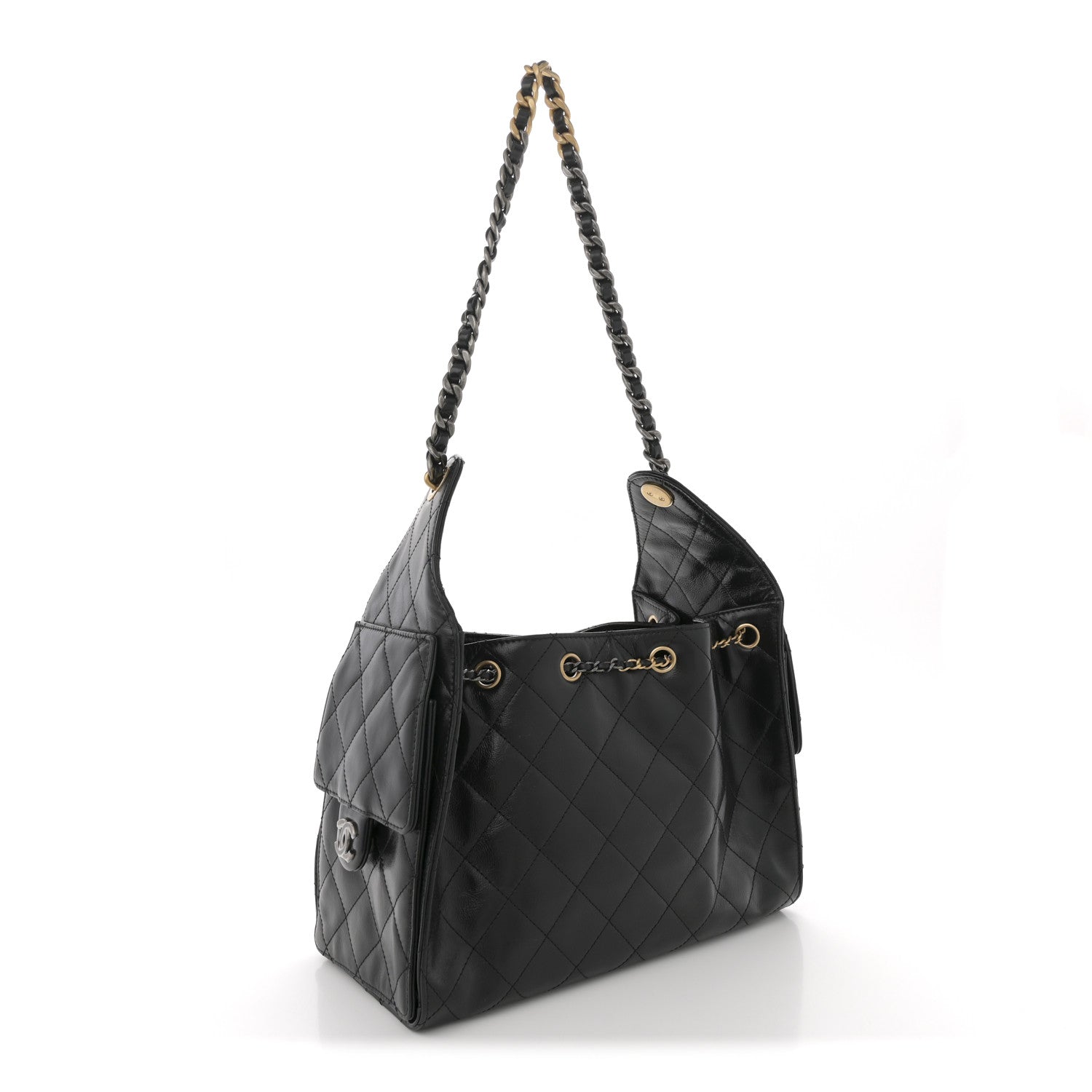 Shiny Crumpled Calfskin Quilted Small Chanel 25 Handbag Black