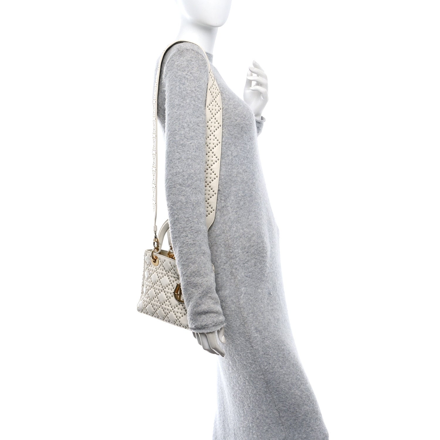 Calfskin Cannage Studded Small Supple Lady Dior White