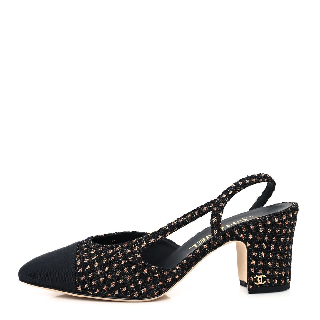Iridescent Tweed Grosgrain Cap Toe CC Slingback Pumps 37.5 Black Gold