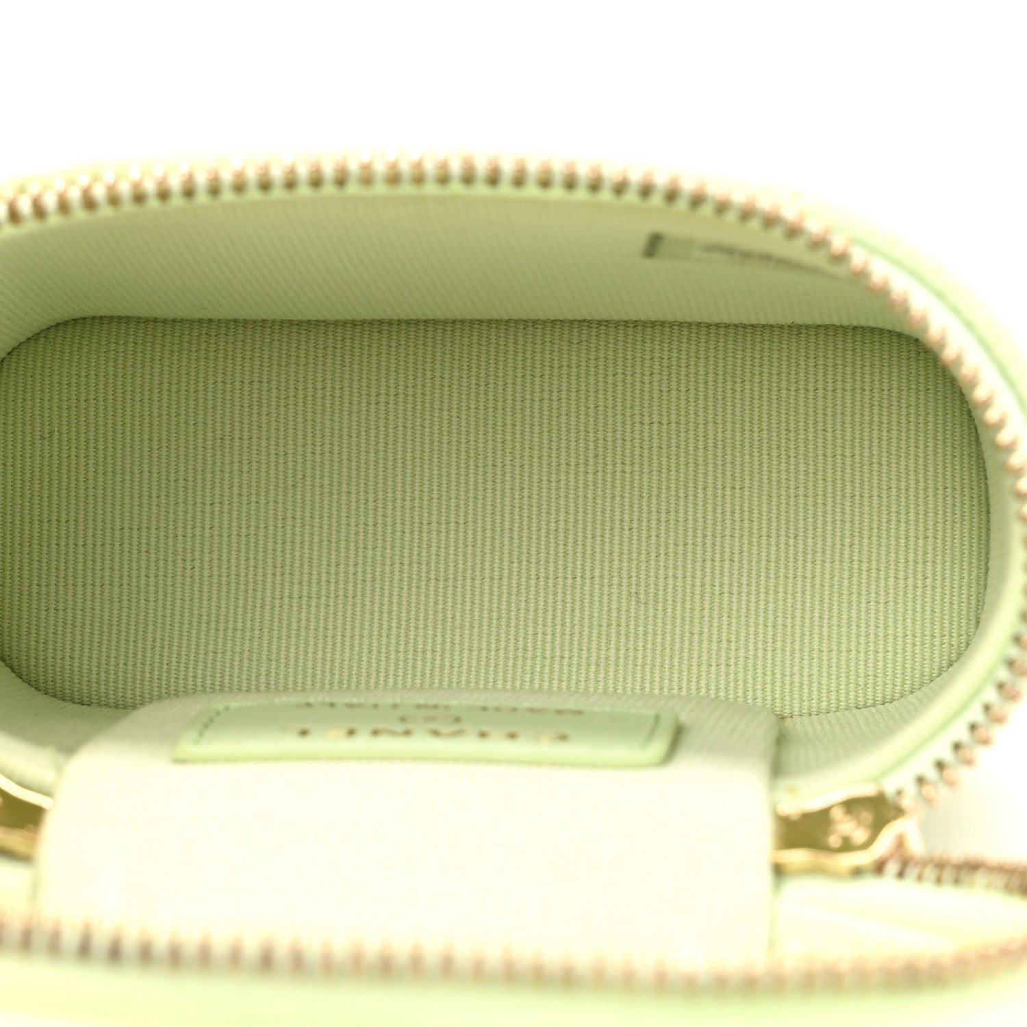 Caviar Quilted Small Handle With Care Vanity Case With Chain Light Green