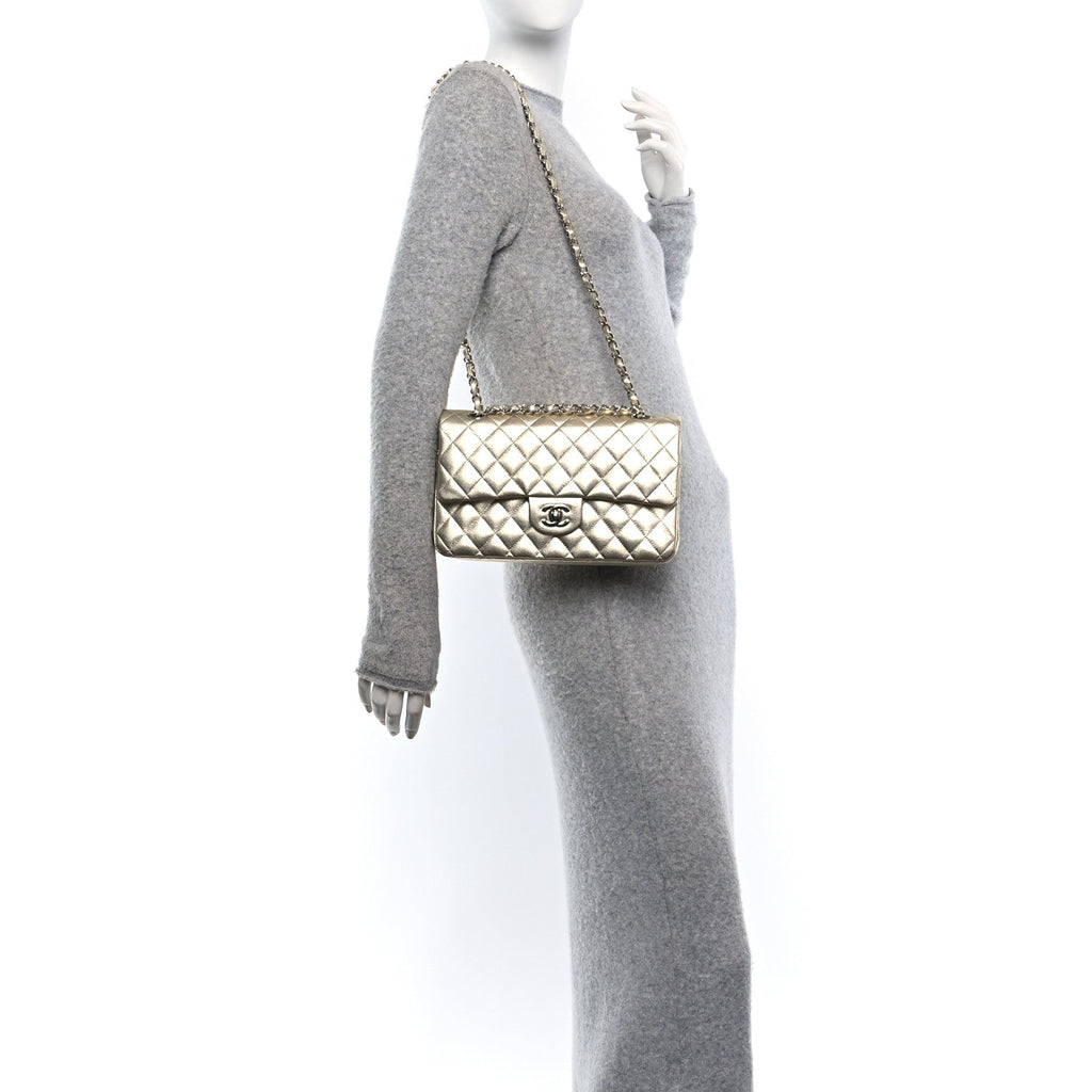 Metallic Lambskin Quilted Medium Double Flap Pale Gold