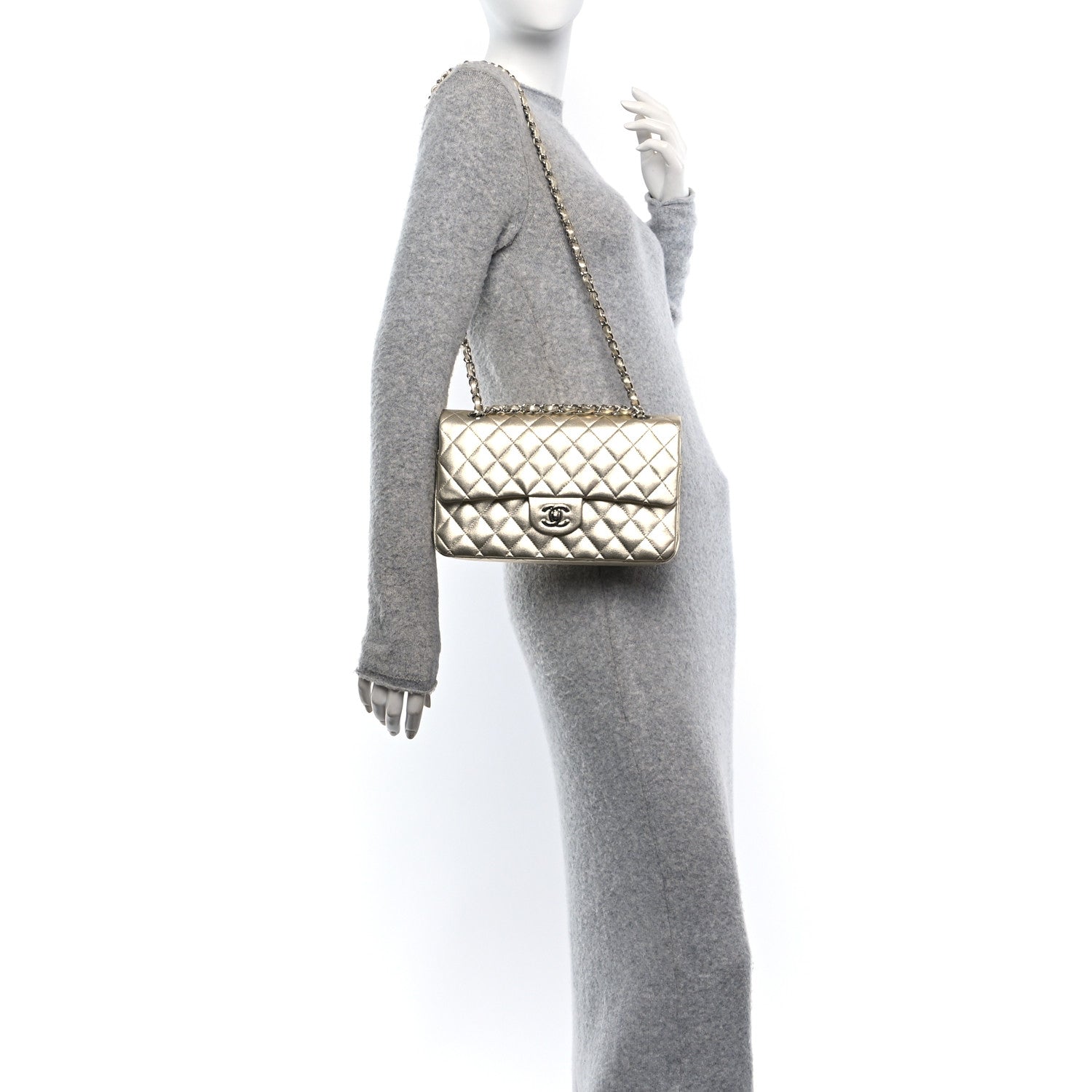 Metallic Lambskin Quilted Medium Double Flap Pale Gold