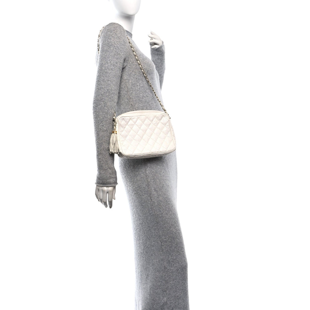 Lizard Quilted Small Tassel Camera Case White