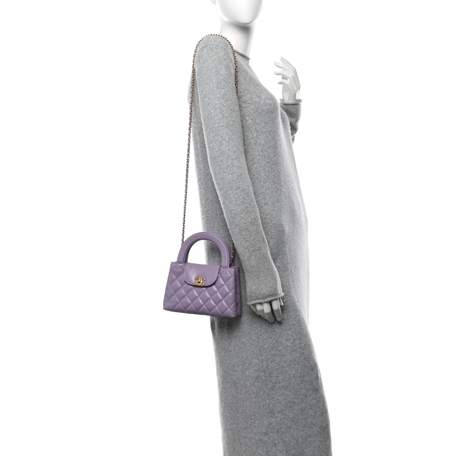 Shiny Aged Calfskin Quilted Nano Kelly Shopper Lilac